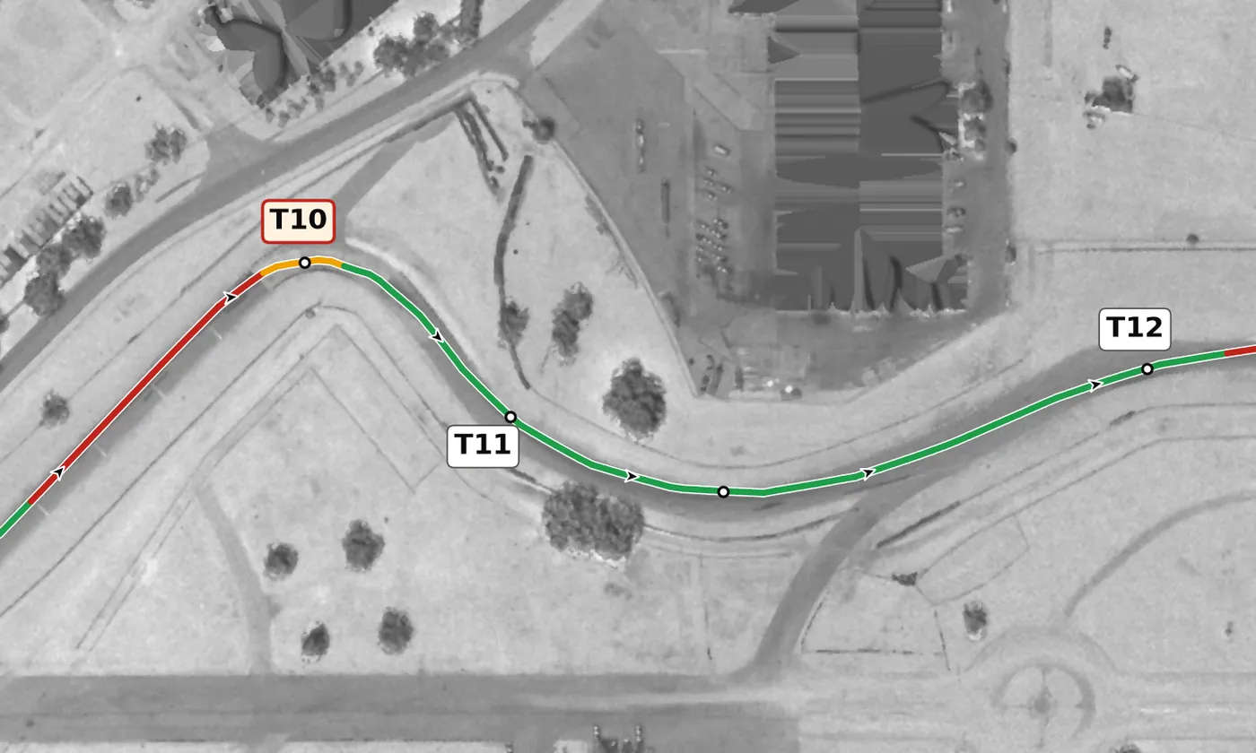 Sebring T11 race line close-up: Two apexes. The exit of the second is the highest point on the lap (20.0 m).