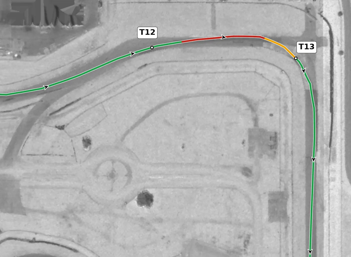 Sebring T13 race line close-up: Tower Turn: the steepest downhill apex on the lap (−0.8%).