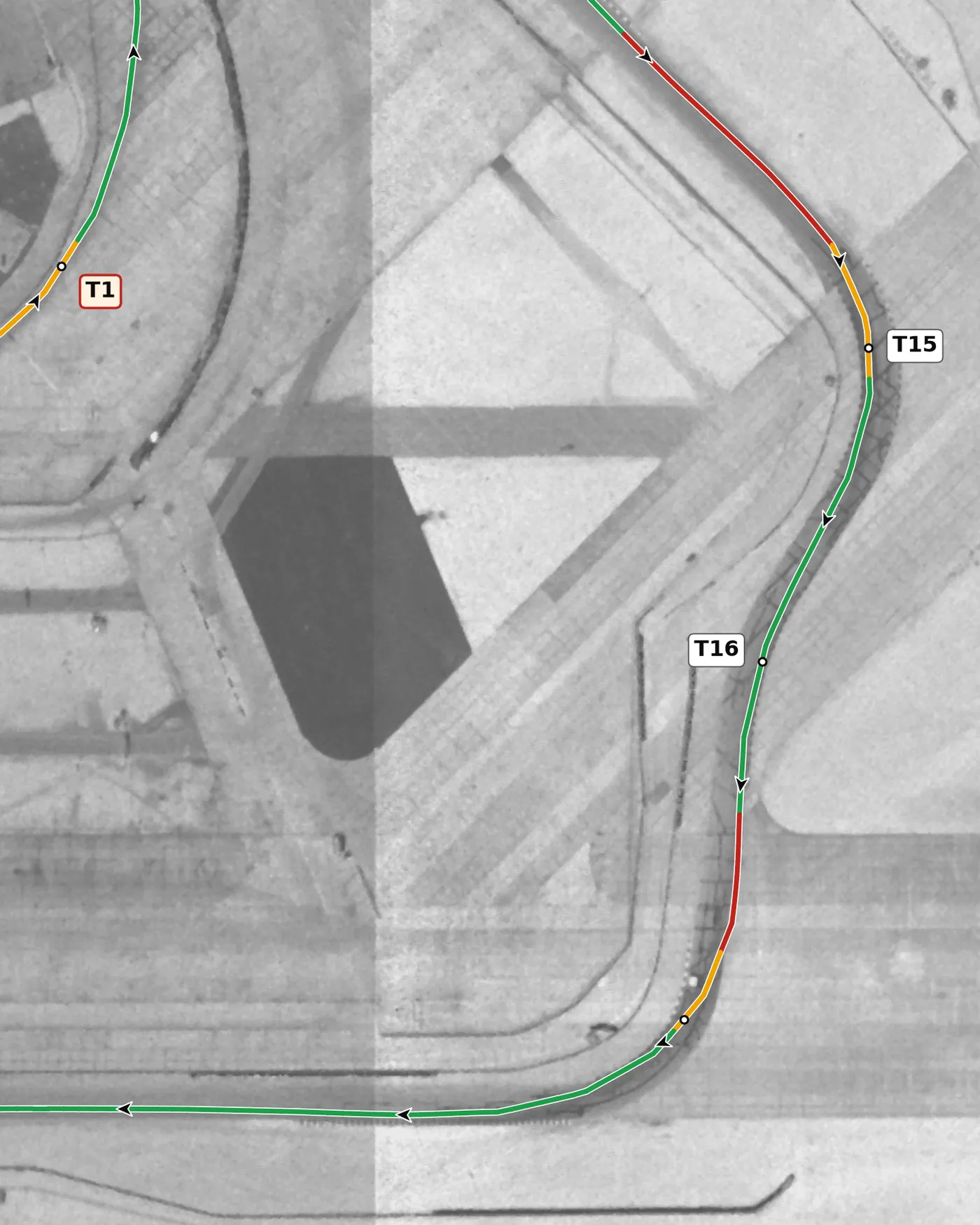 Sebring T16 race line close-up: A left, then a right: the right is off camber (−0.6%) and opens the longest straight on the lap.