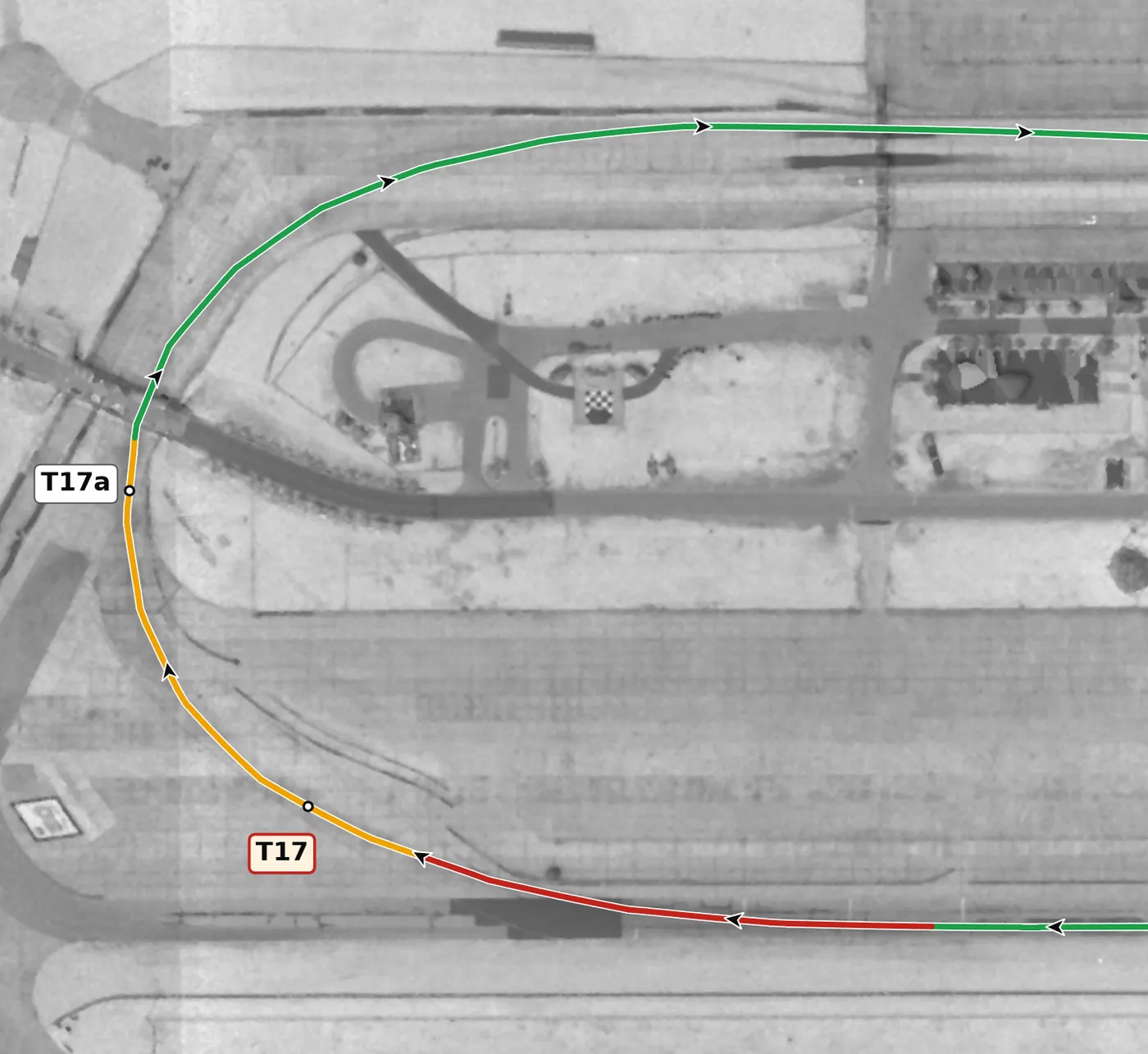 Sebring T17a race line close-up: On the concrete, onto the front straight.
