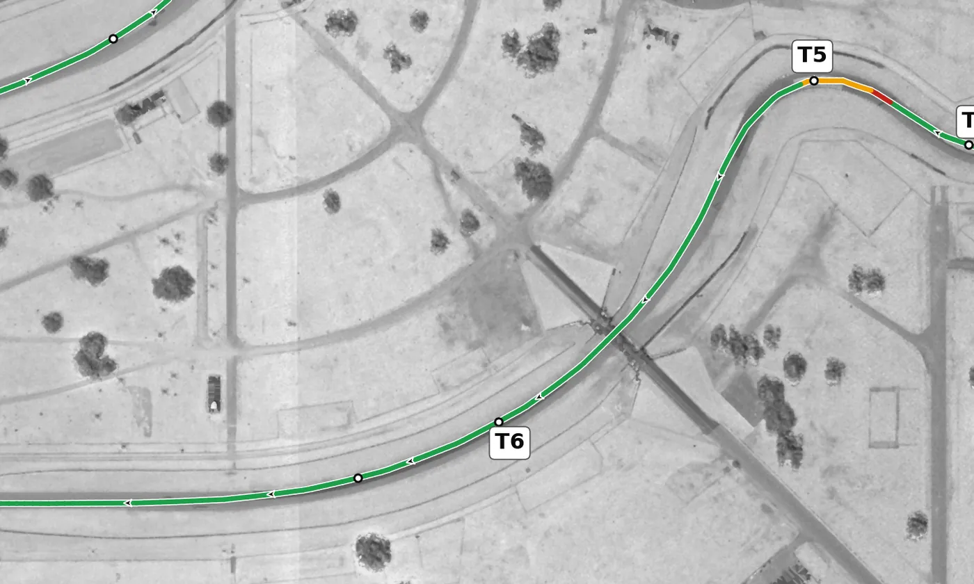 Sebring T6 race line close-up: The most banked apex on the lap (+3.0%). The fast, unnumbered right after it is banked too (+2.7%).