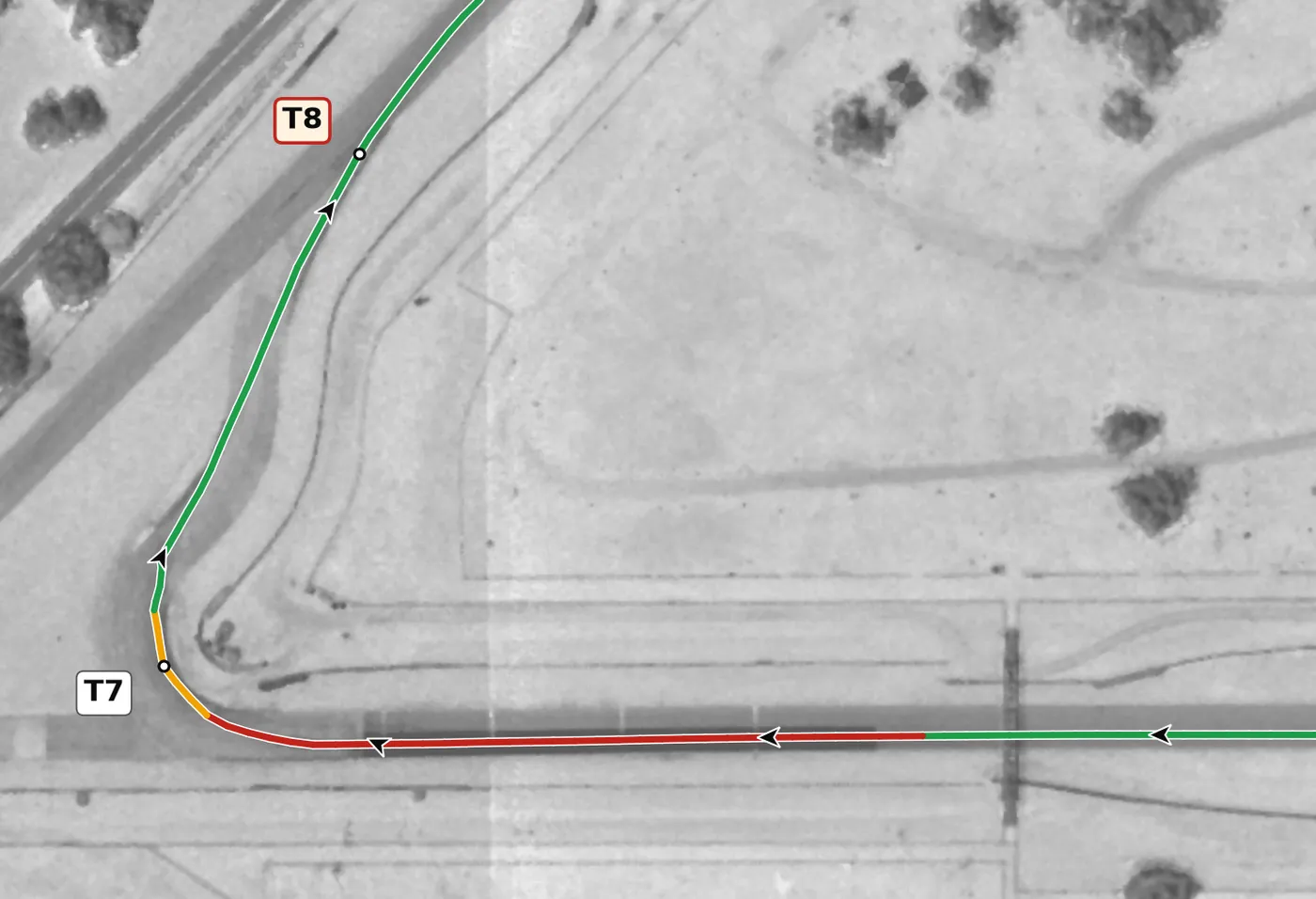 Sebring T7 race line close-up: The Safety Pin: the tightest corner, and the lowest point on the lap (17.5 m).