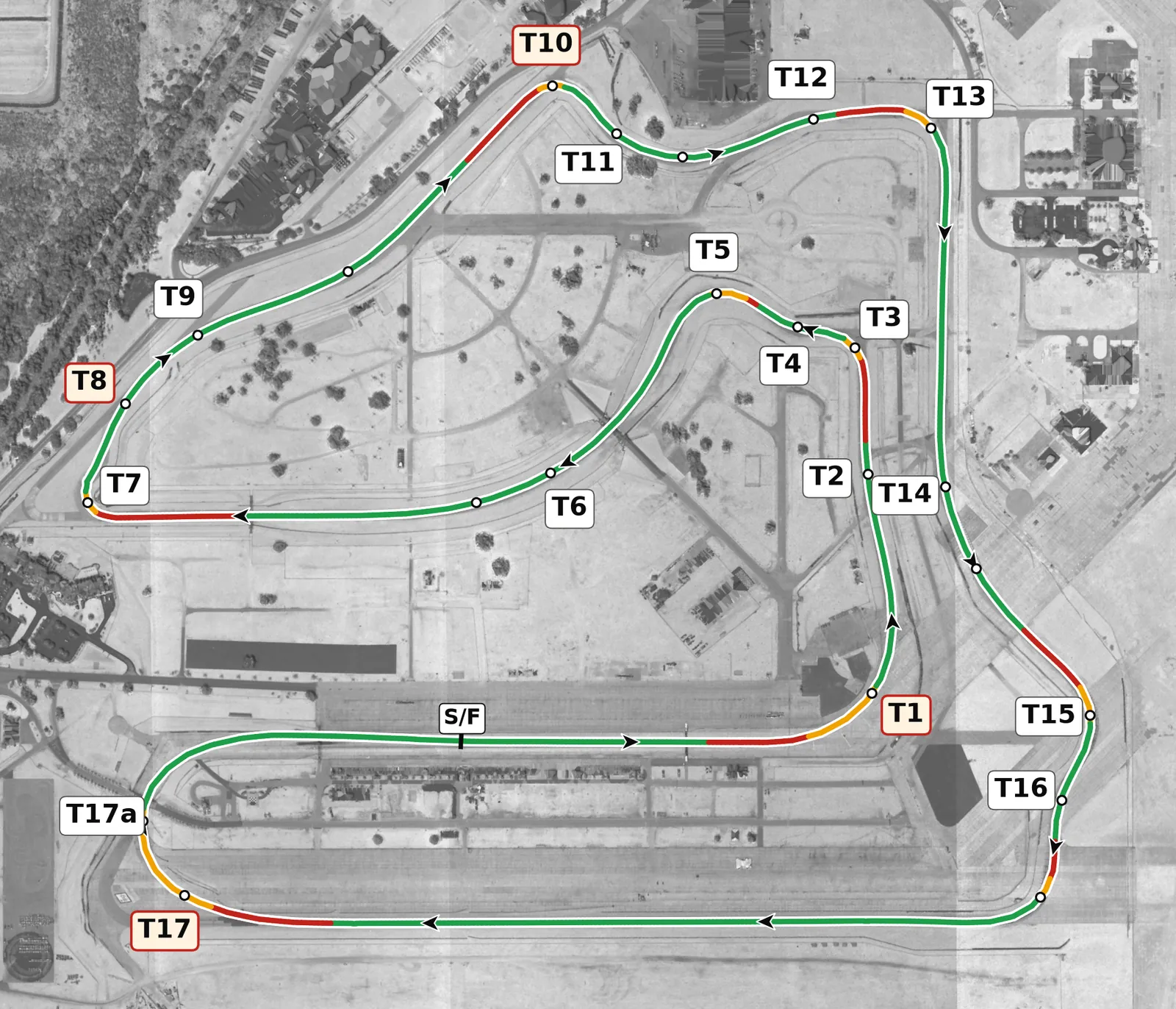 Sebring full-lap race line map, driven clockwise, colored by throttle, lift and braking