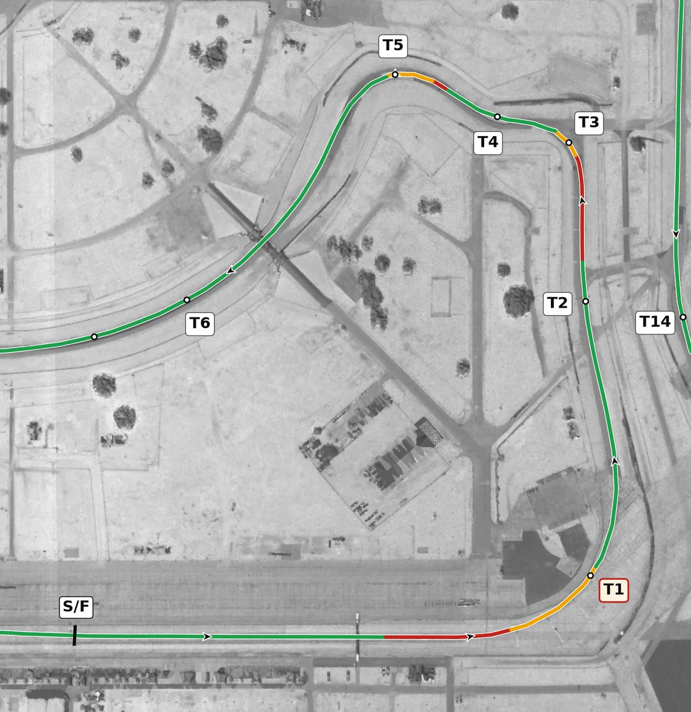 Sebring race line, Sector 1: T1 to T6