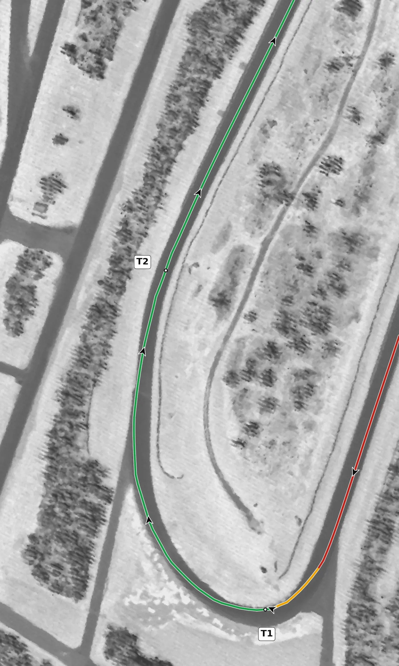 Summit Point T2 race line close-up: The most banked corner outside the Carousel (+4.8%).