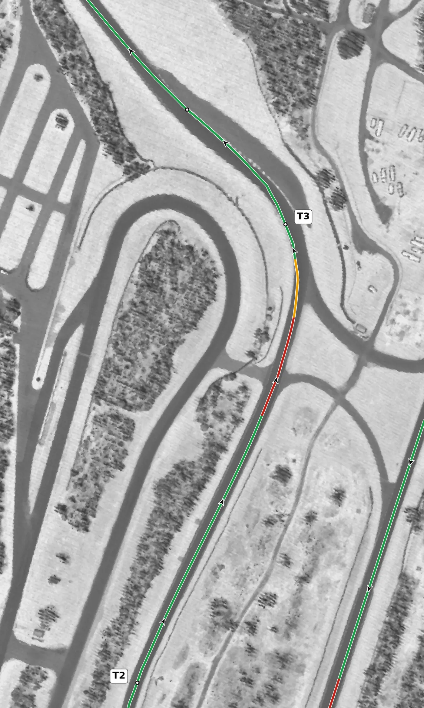 Summit Point T3 race line close-up: Banked +3.2% while climbing at +2.9%, the steepest climb on the lap; the circuit's high point is 100 m later.