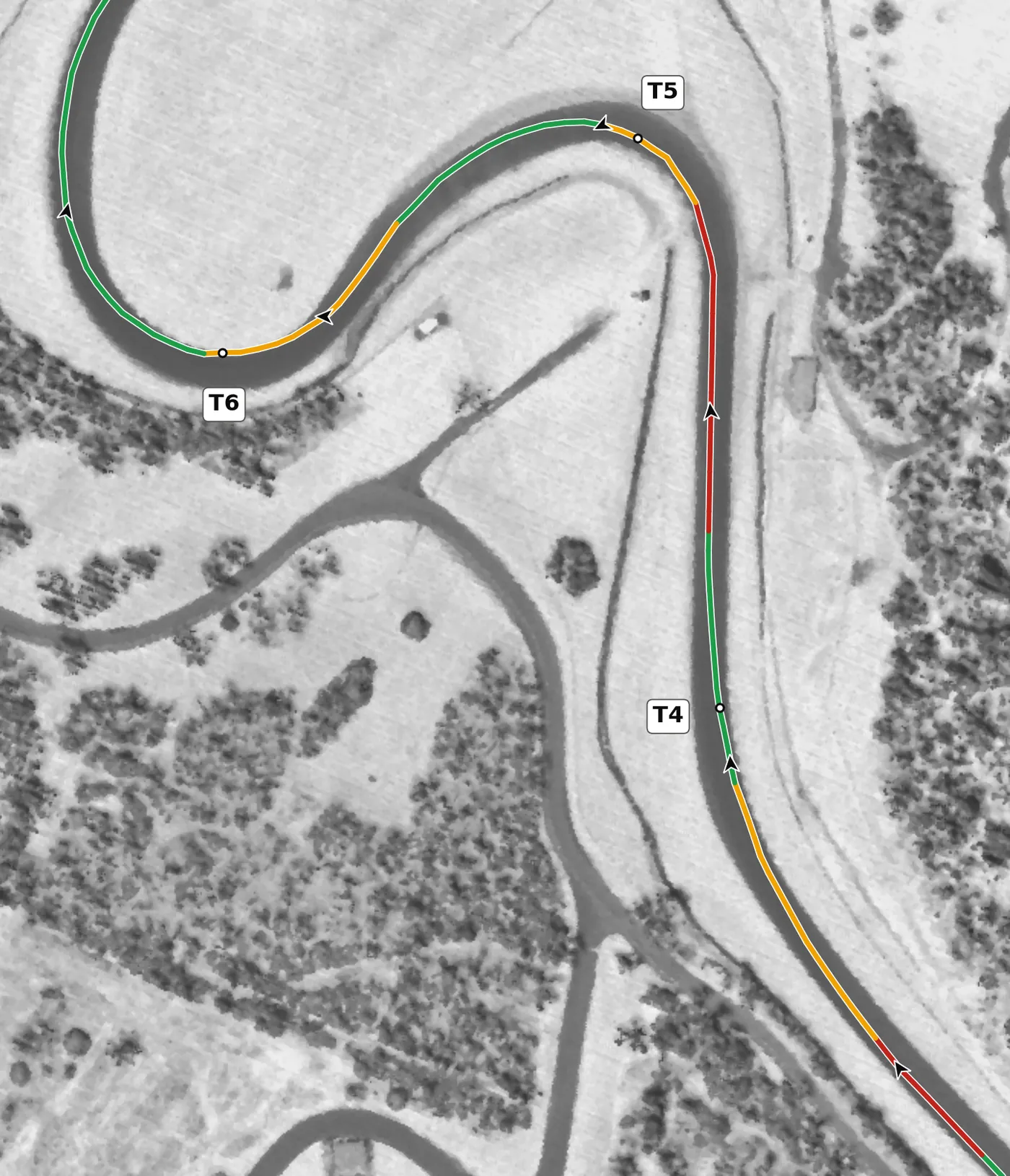 Summit Point T5 race line close-up: The bottom of the hill: the lap's low point is just past its exit; banked +4.4%.