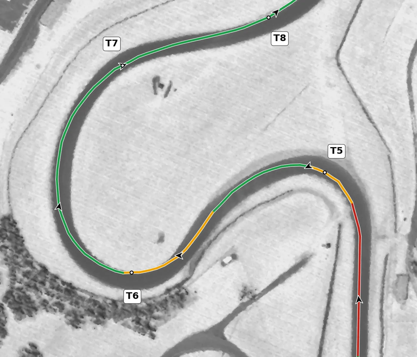 Summit Point T6 — the Carousel race line close-up: The most banked corner on the circuit (+5.3%), on a gentle rise.