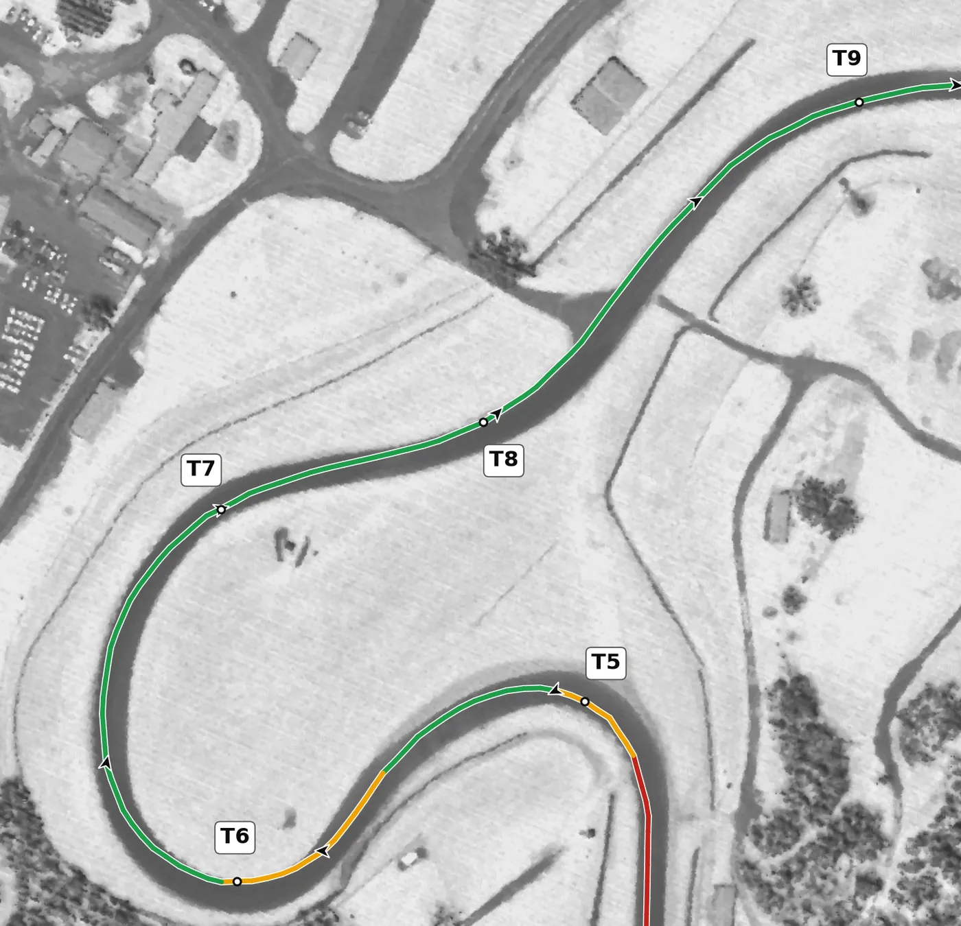 Summit Point T8 race line close-up: Banked +3.4% and flat at the apex (−0.2%).
