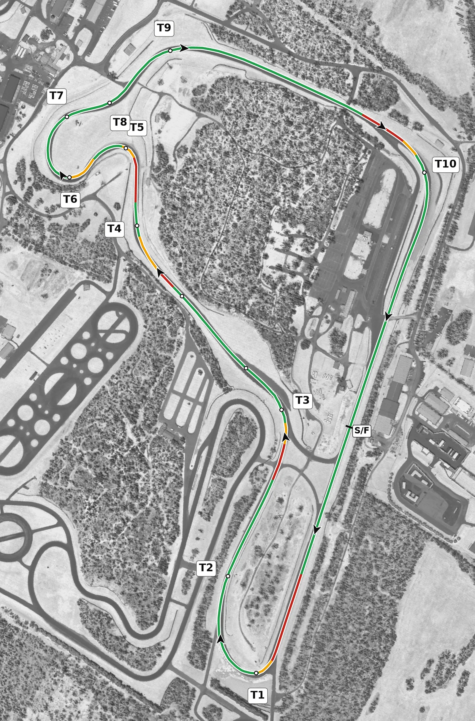 Summit Point full-lap race line map, driven clockwise, colored by throttle, lift and braking