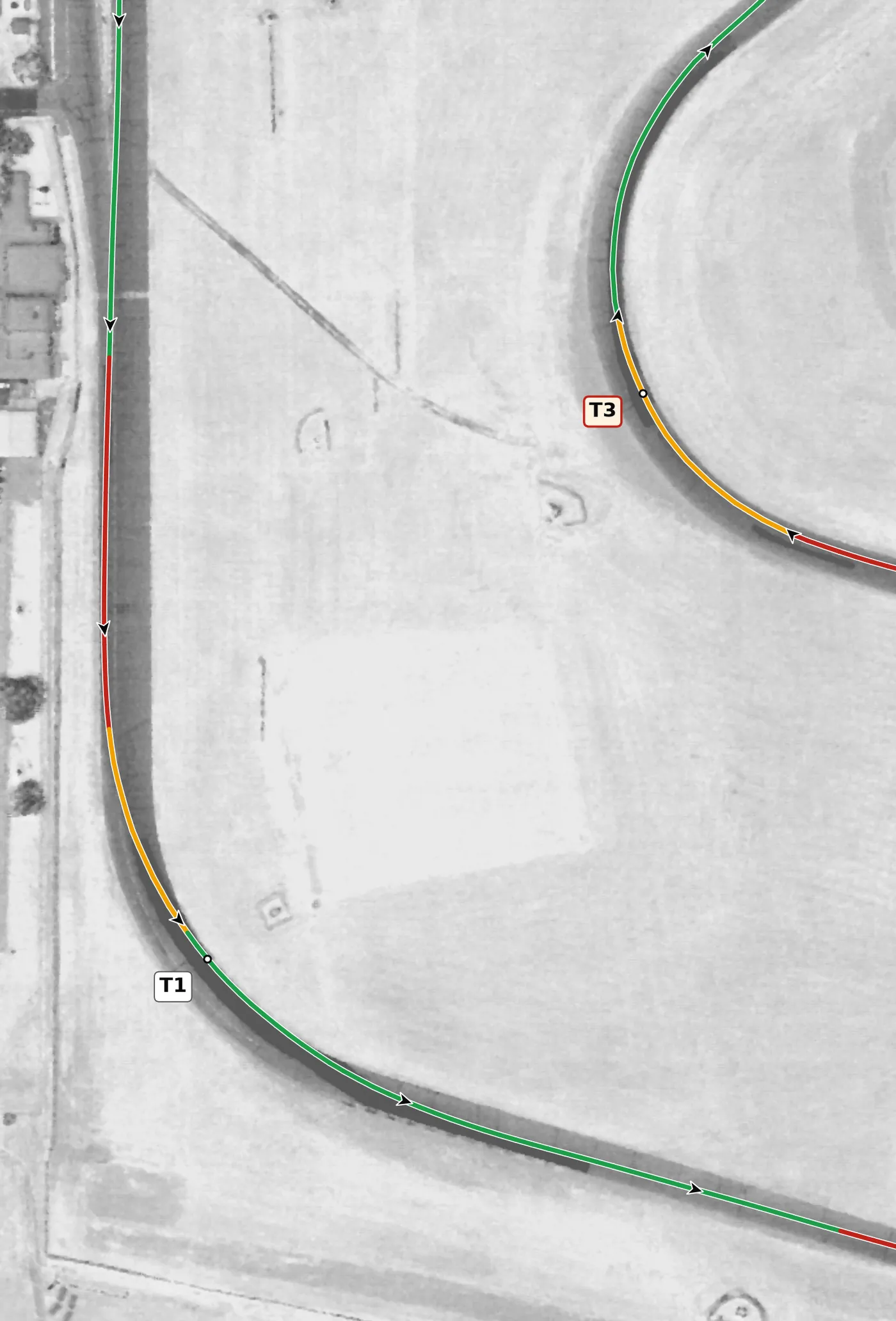 Thunderhill (East) T1 race line close-up: On camber (+2.6%), and the exit climbs about 3 m.