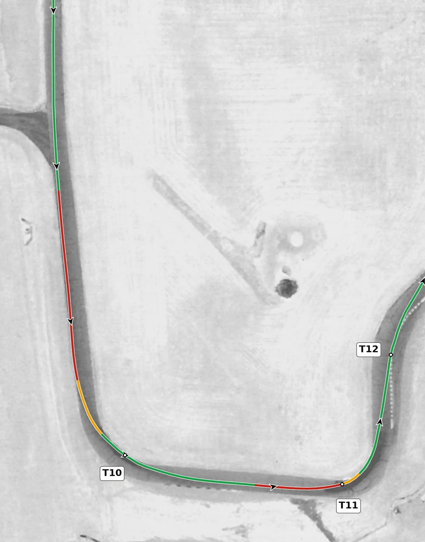 Thunderhill (East) T10 race line close-up: Banked +7.9% and downhill at −5.8%.