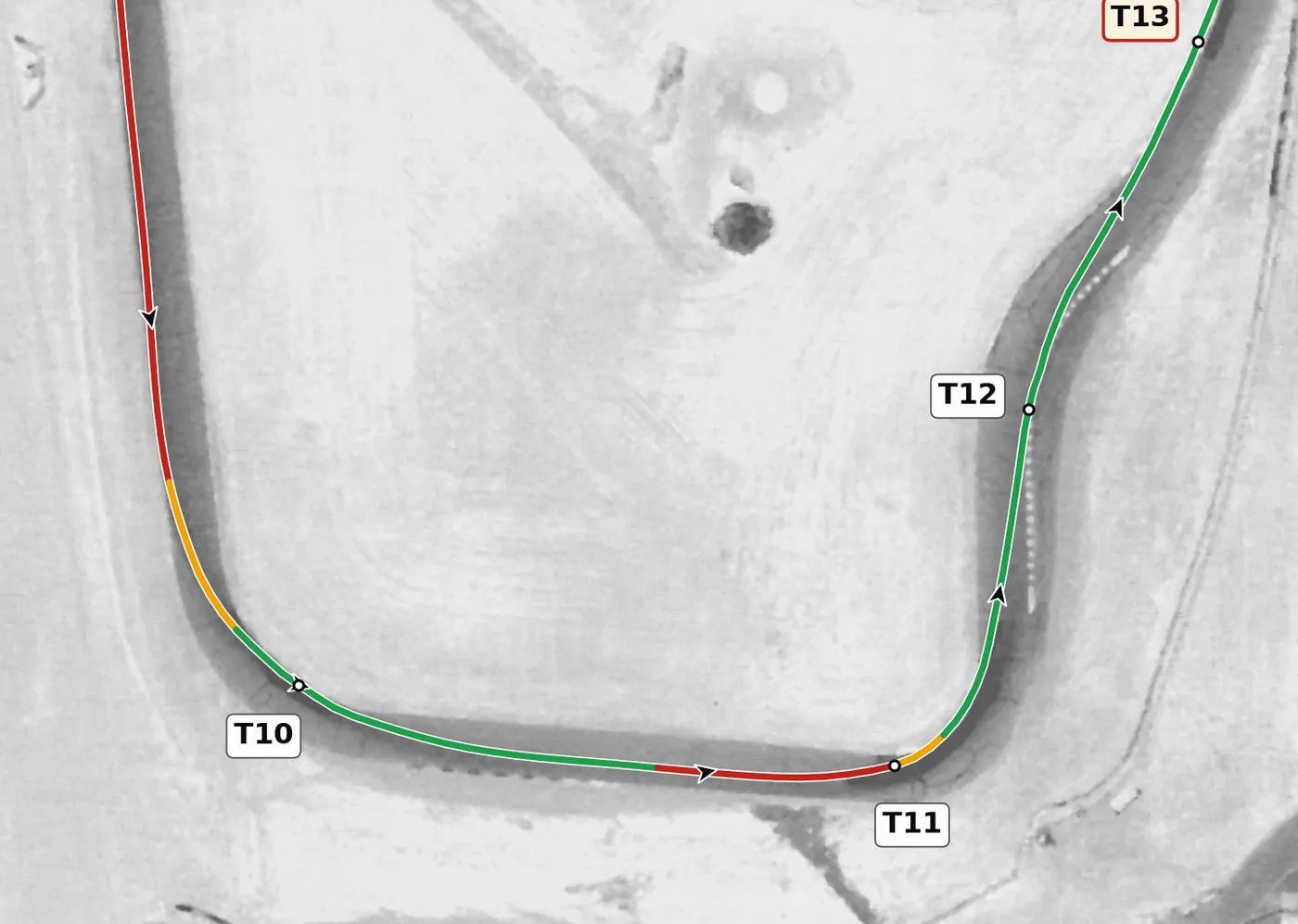 Thunderhill (East) T11 race line close-up: The tightest corner on the lap; on camber (+3.0%) and slightly uphill.