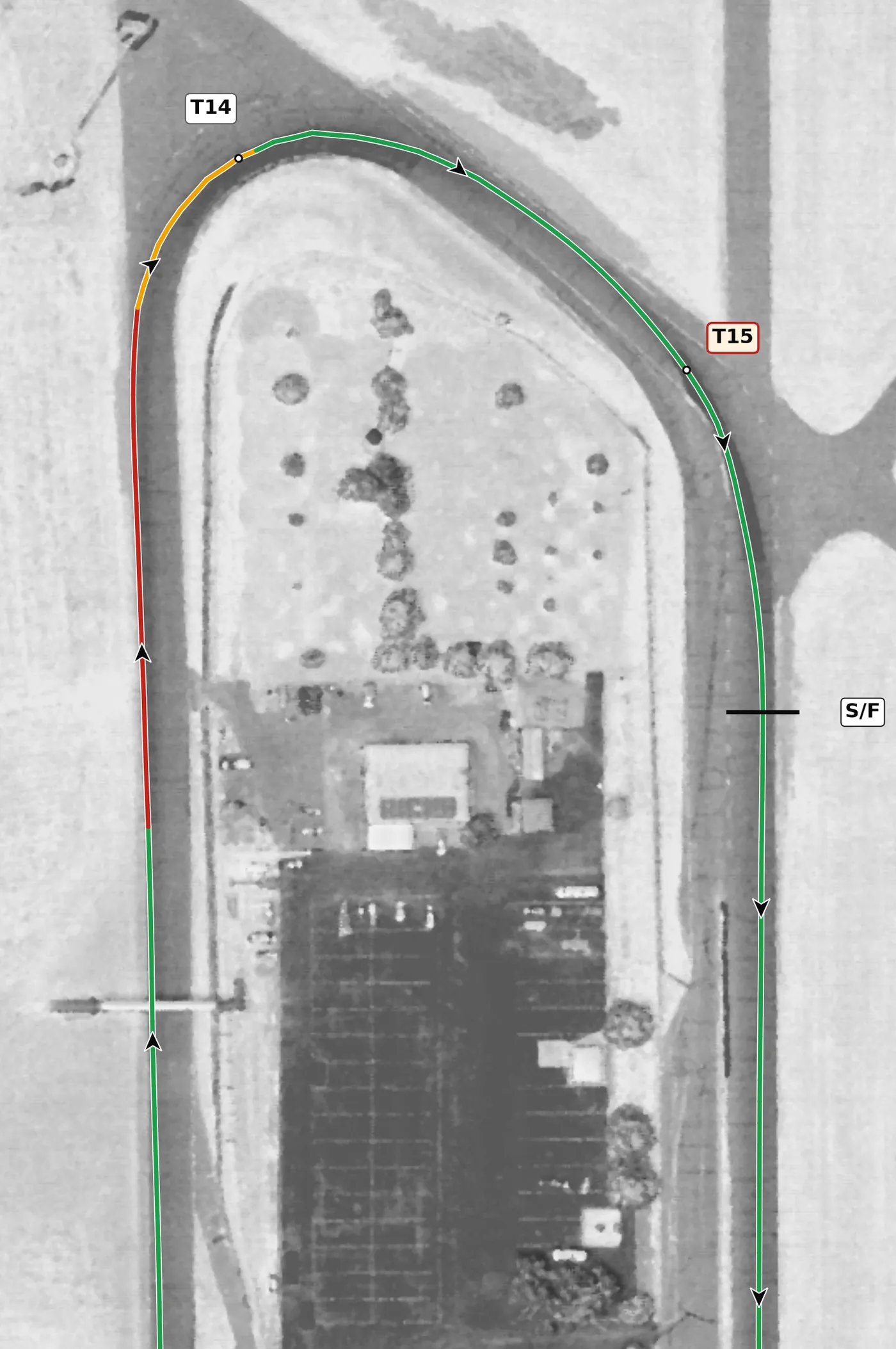 Thunderhill (East) T14–T15 race line close-up: T15 is slightly off camber (−0.8%) and downhill onto the front straight.