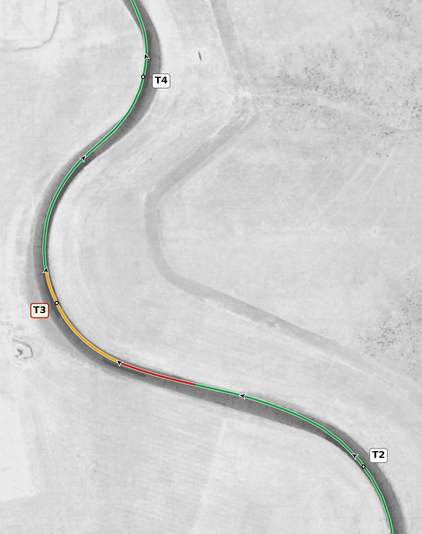 Thunderhill (East) T3 race line close-up: Off camber (−2.8%) and downhill.