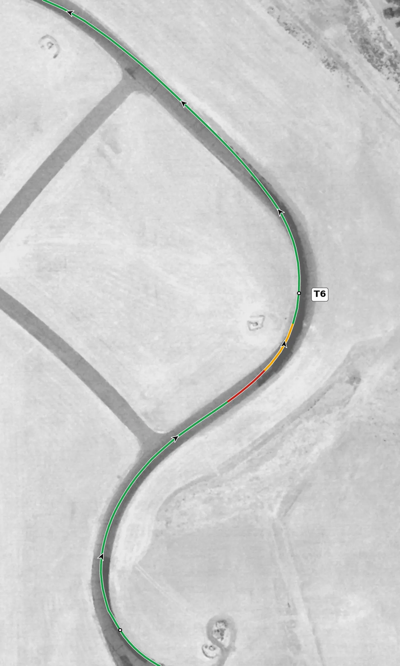 Thunderhill (East) T6 race line close-up: Sits at the lowest point of the lap (84.6 m), banked +3.1%.
