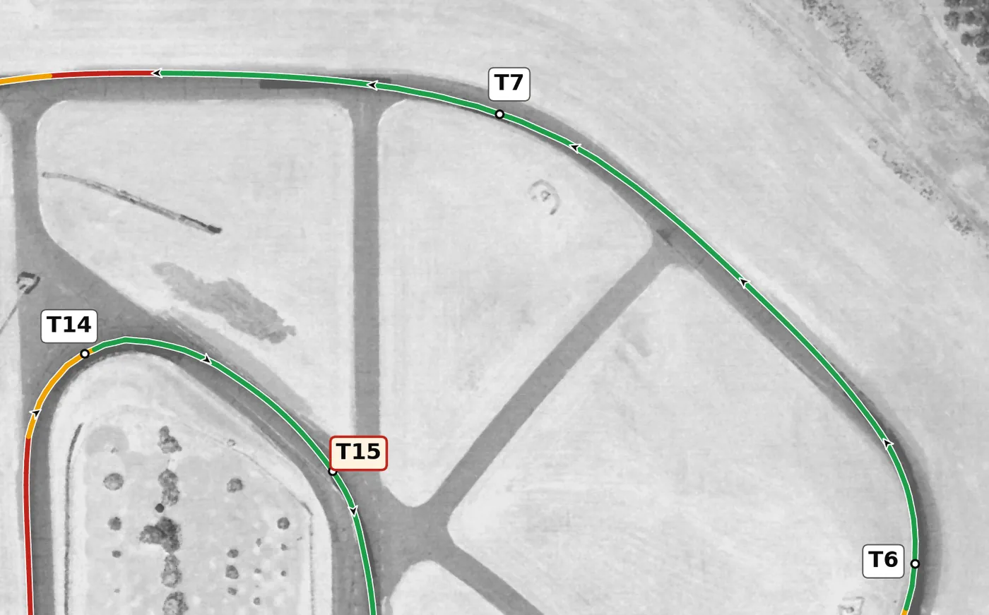 Thunderhill (East) T7 race line close-up: On camber (+2.8%), gently uphill.