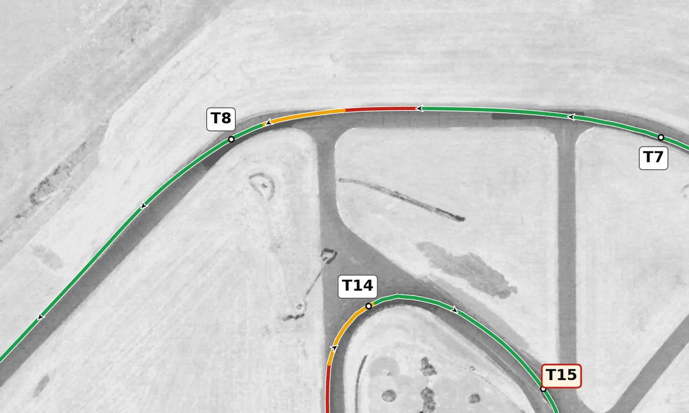 Thunderhill (East) T8 race line close-up: On camber (+2.3%), climbing at up to +5%.
