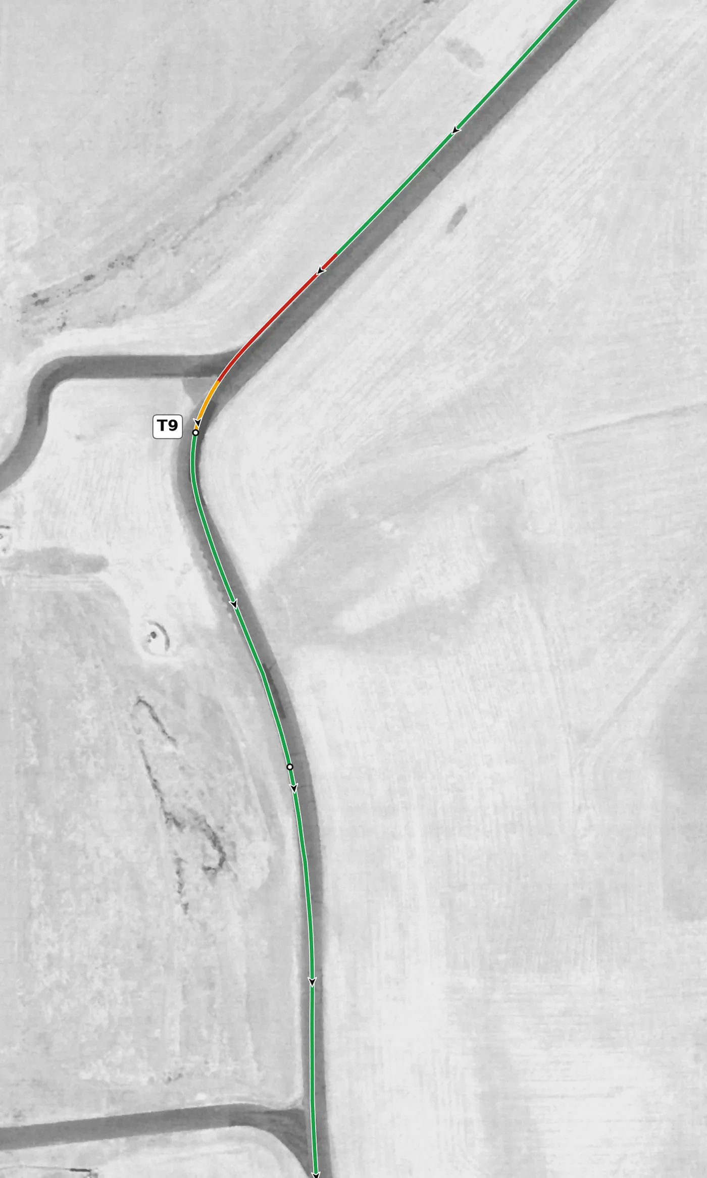 Thunderhill (East) T9 race line close-up: The most banked corner on the lap (+7.7%), climbing to the high point (119 m); the right that follows is off camber and drops at −13.5%.