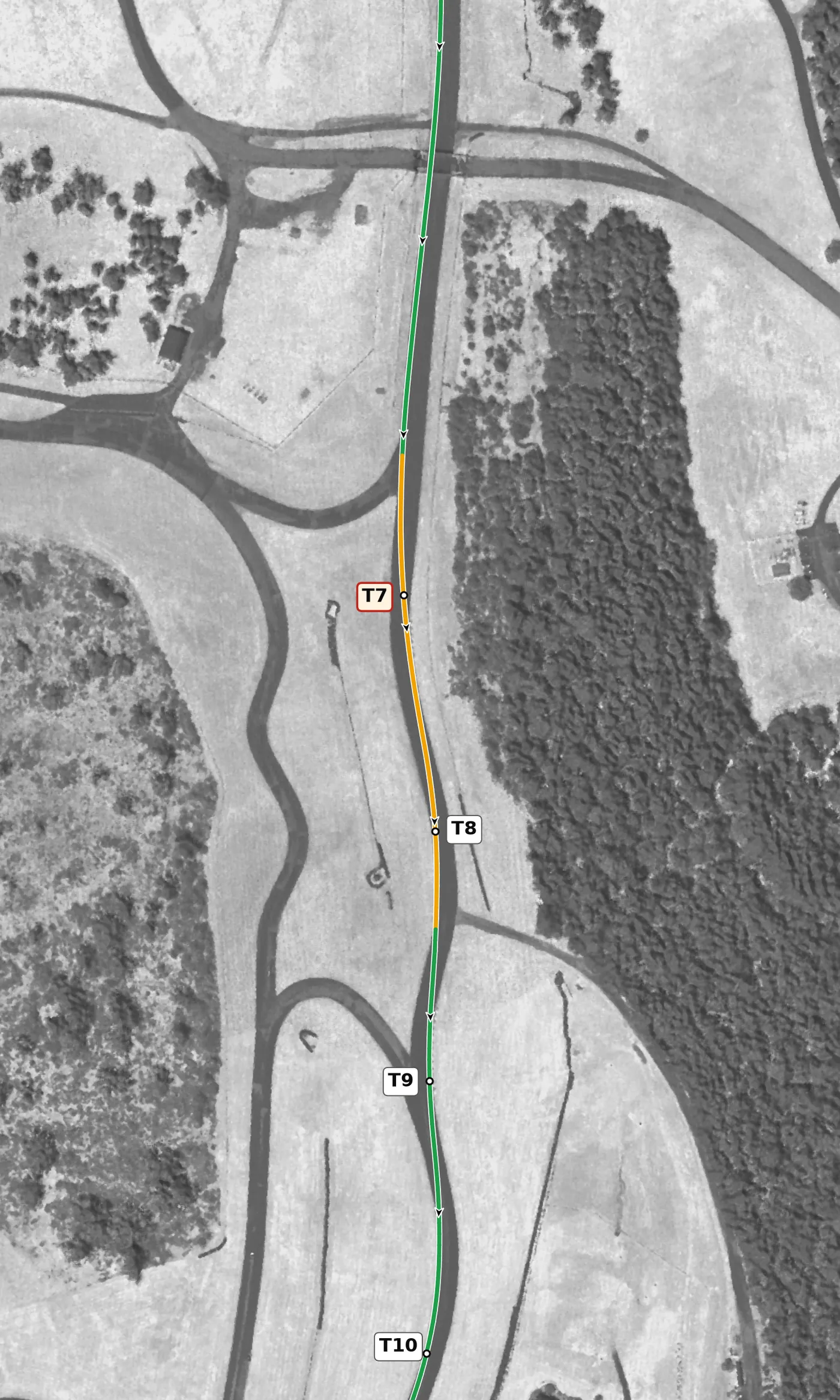 VIR Full The Uphill Esses (T7–T9) race line close-up: T7 is the only off-camber apex at VIR (−0.76%), taken at 116 mph. The car goes lightest (−0.30 g) just after T8.