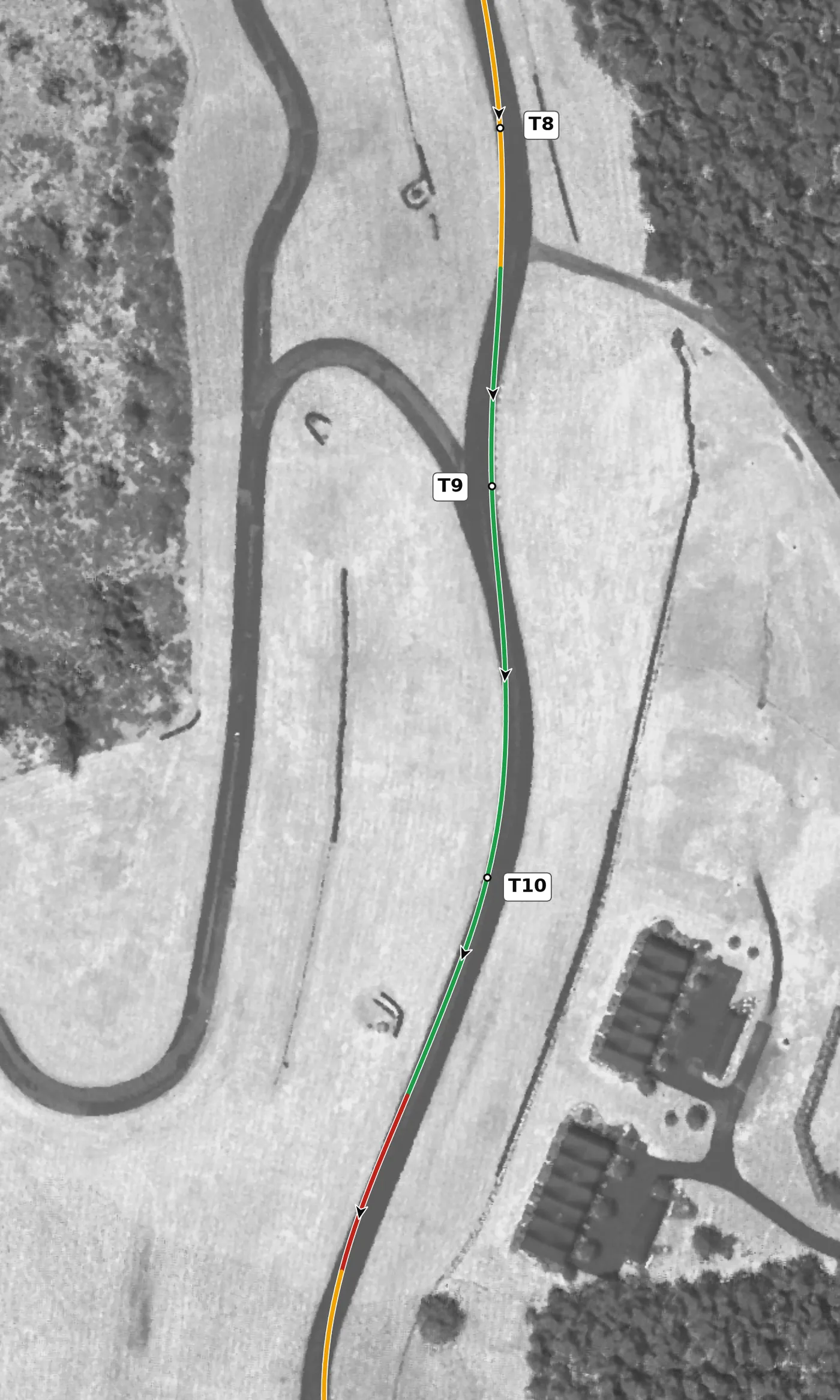 VIR Full T10 race line close-up: The steepest climbing corner: +4.8 m from entry to apex, and −0.30 g as the car unloads.