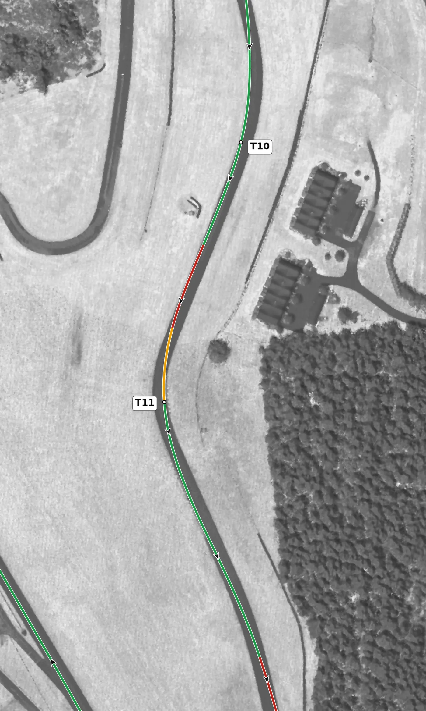 VIR Full T11 race line close-up: South Bend: a crest just after the apex (−0.28 g), and the camber reaches −2.7% in the corner.