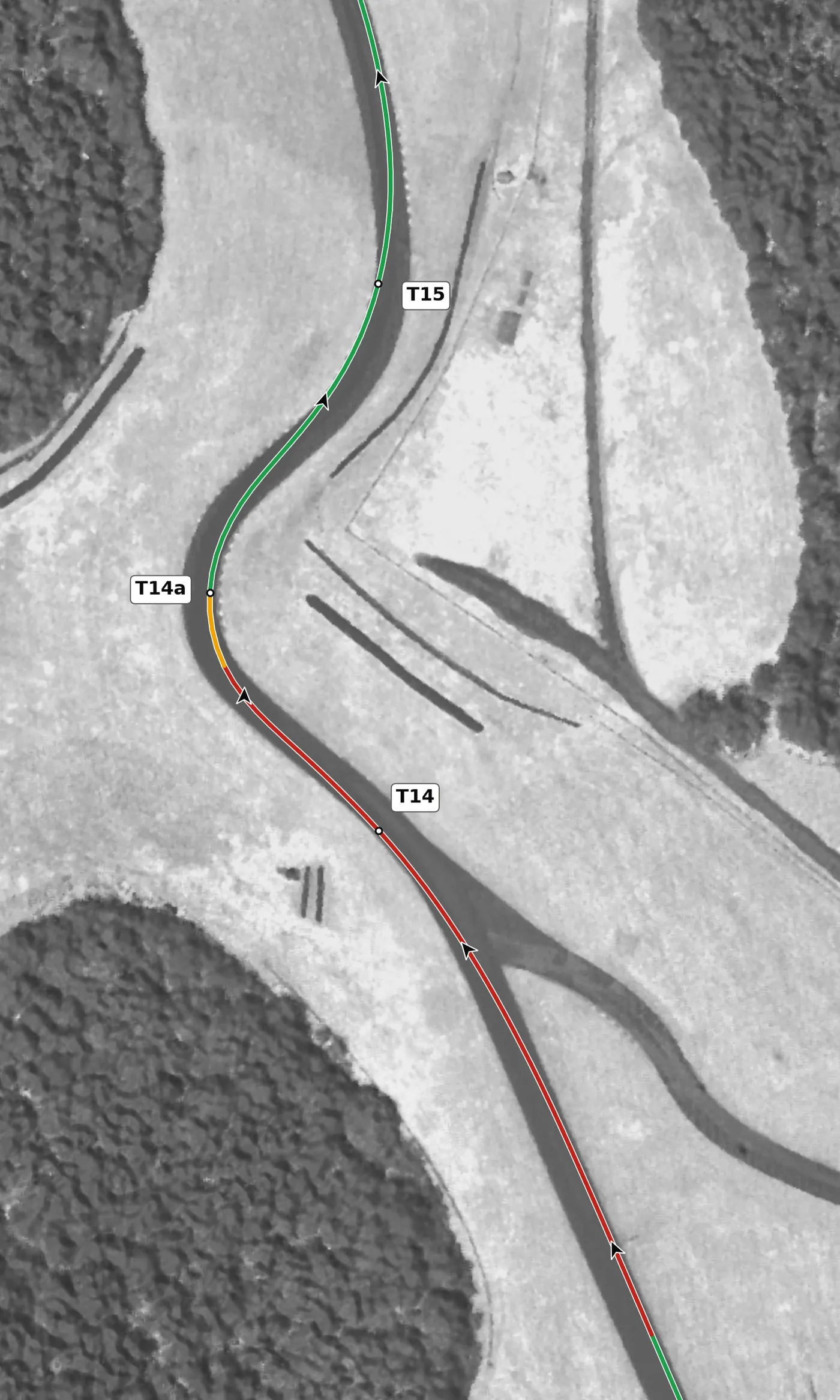 VIR Full T14a race line close-up: Over the brow, then the steepest descent at VIR (−11.6%).
