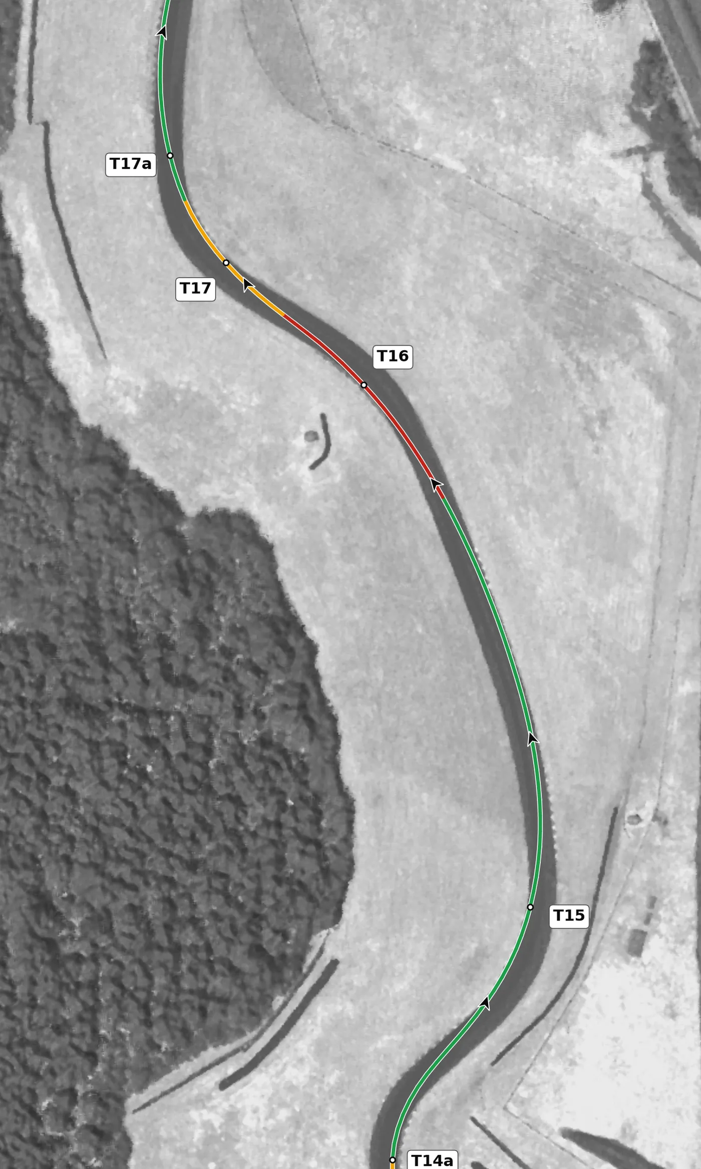 VIR Full T16 race line close-up: Still falling: 5.3 m from entry to apex.