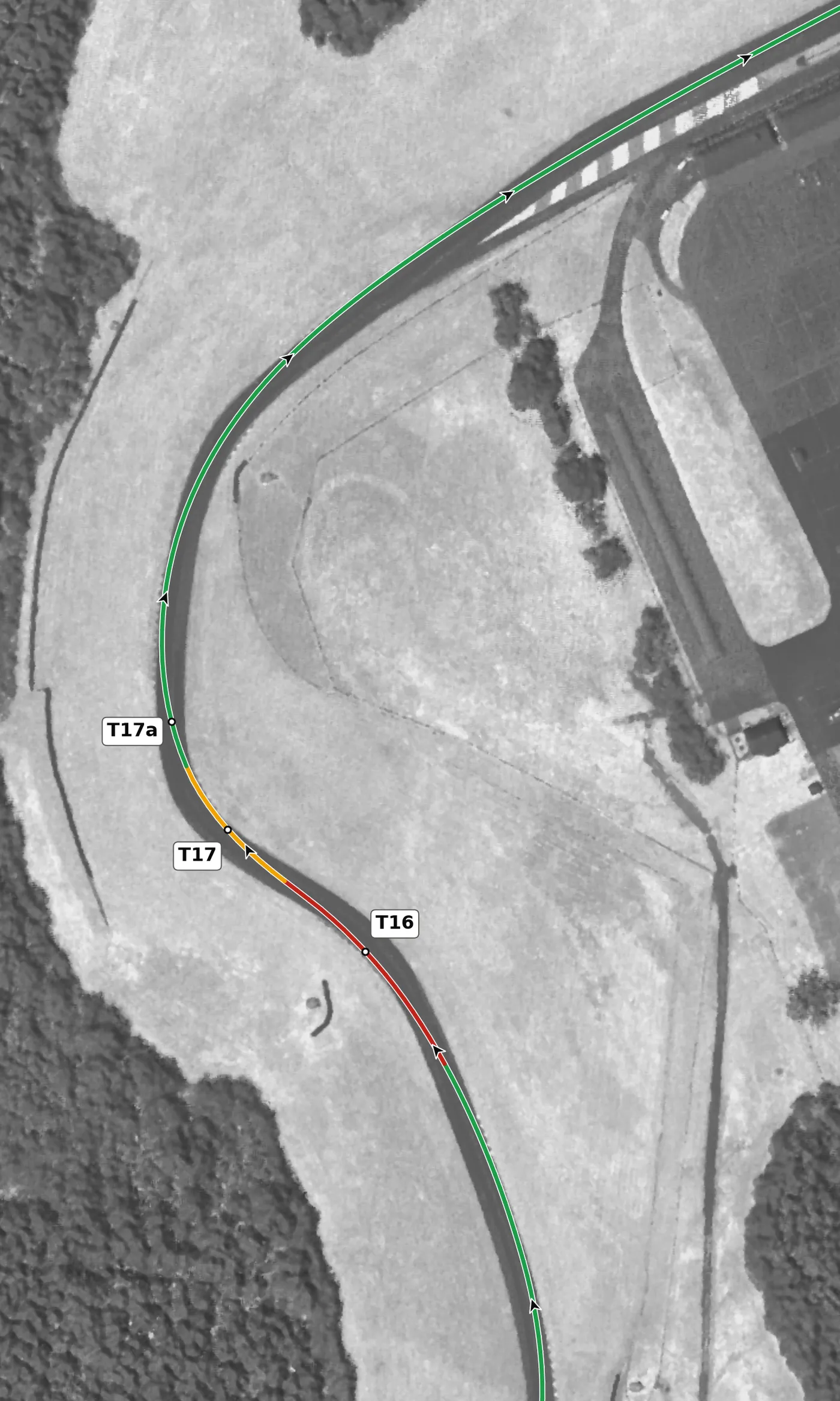 VIR Full T17–T17a race line close-up: Hog Pen: on camber and downhill, with a compression at each end.
