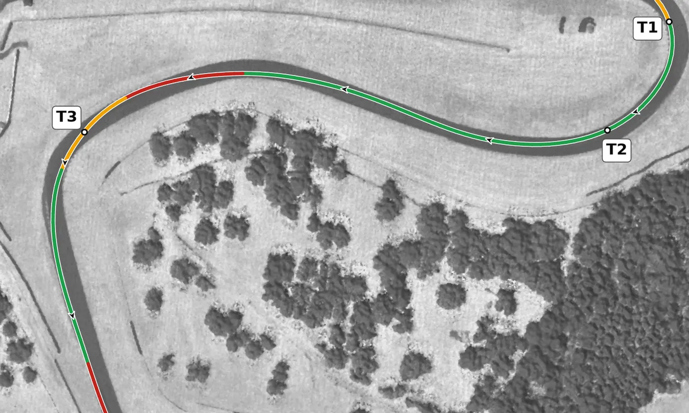 VIR Full T2 race line close-up: Banked +2.3% at the apex, and on camber all the way through.