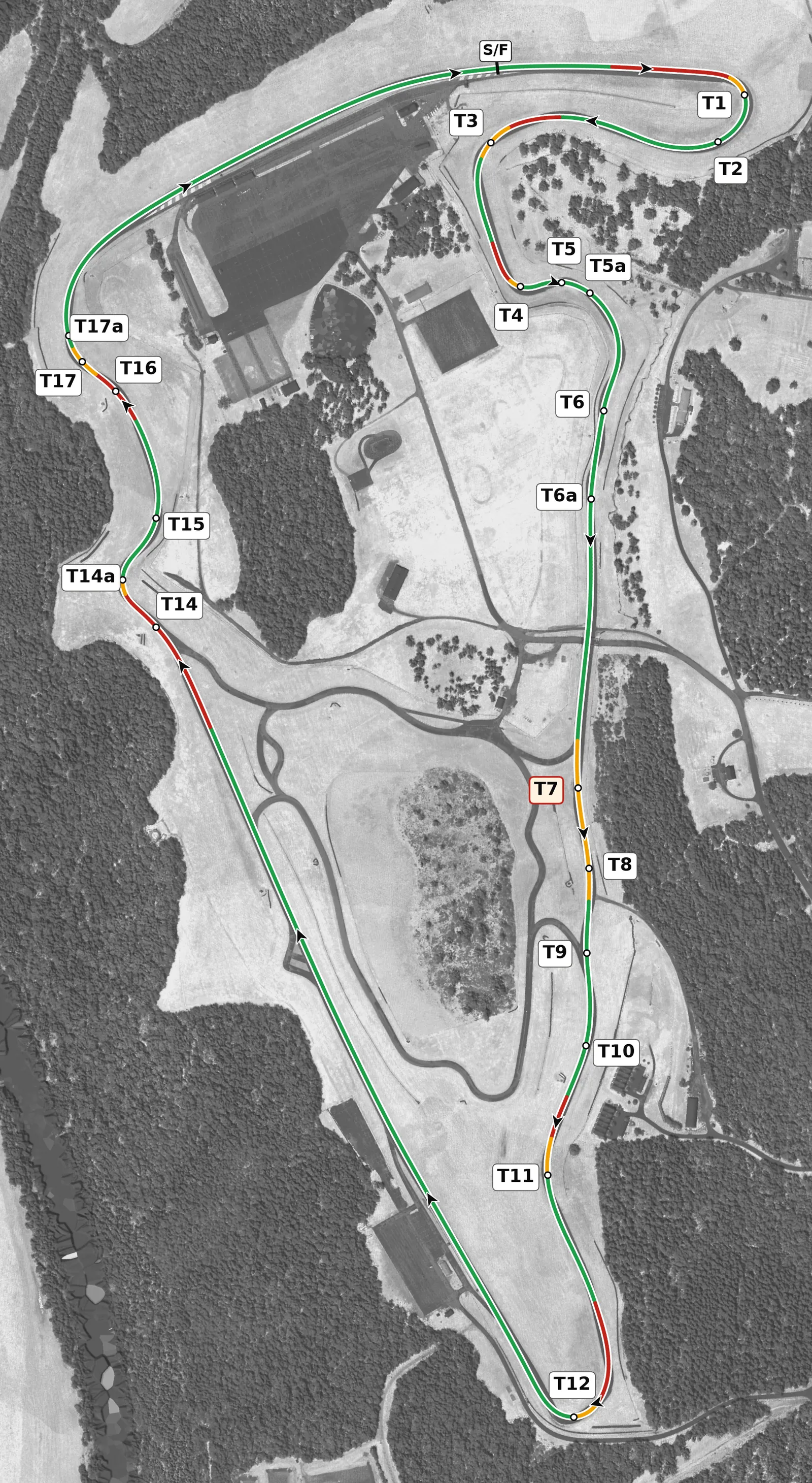 VIR Full full-lap race line map, driven clockwise, colored by throttle, lift and braking