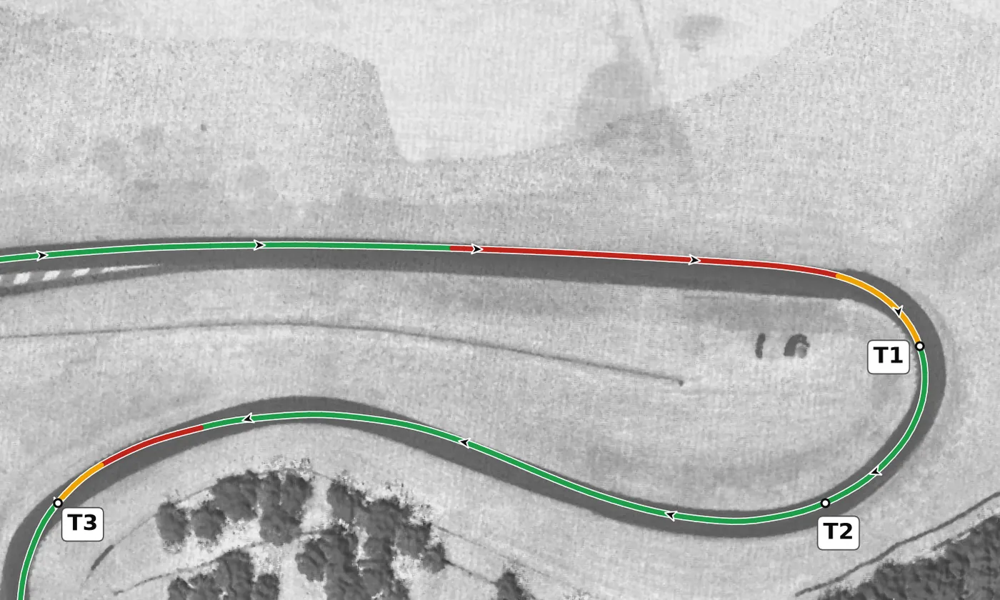 VIR North T1 race line close-up: T1 and T2 sit at the lowest point on the course.
