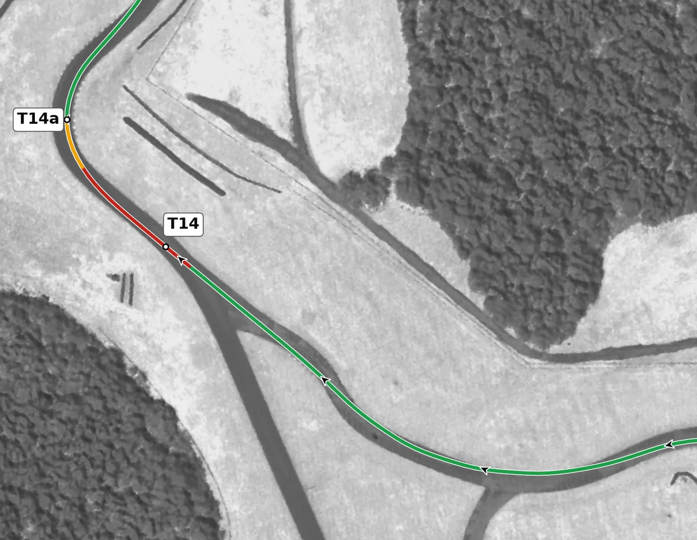 VIR North T14 race line close-up: The North connector rejoins the Full Course here, after climbing 21 m with a +13.6% ramp: steeper than anything on the Full Course.