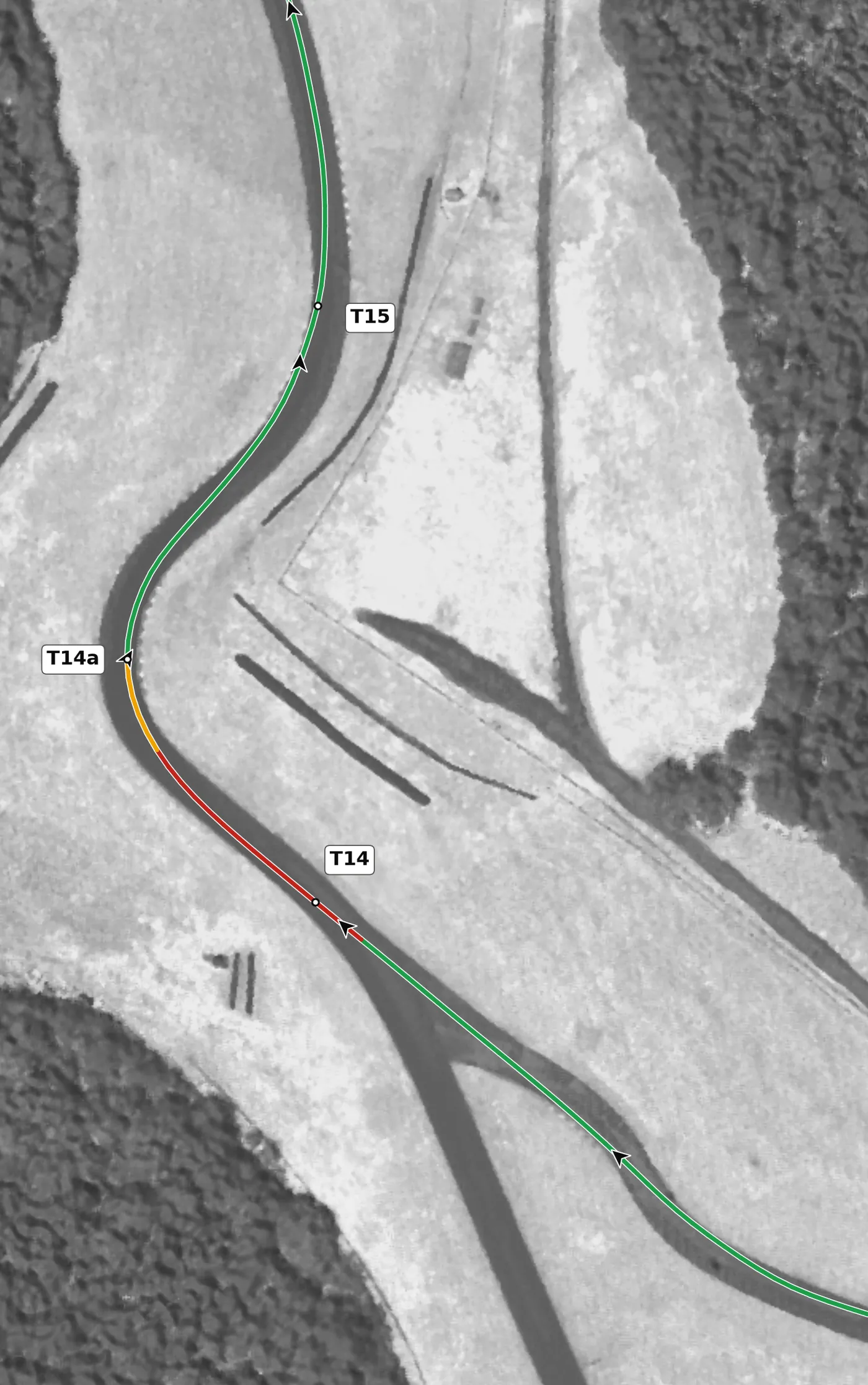VIR North T14a race line close-up: Over the brow, then the steepest descent at the venue (−11.6%).