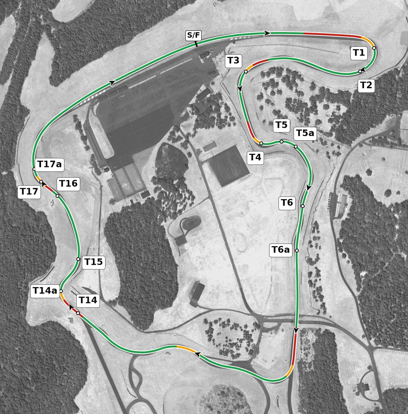 VIR North full-lap race line map, driven clockwise, colored by throttle, lift and braking