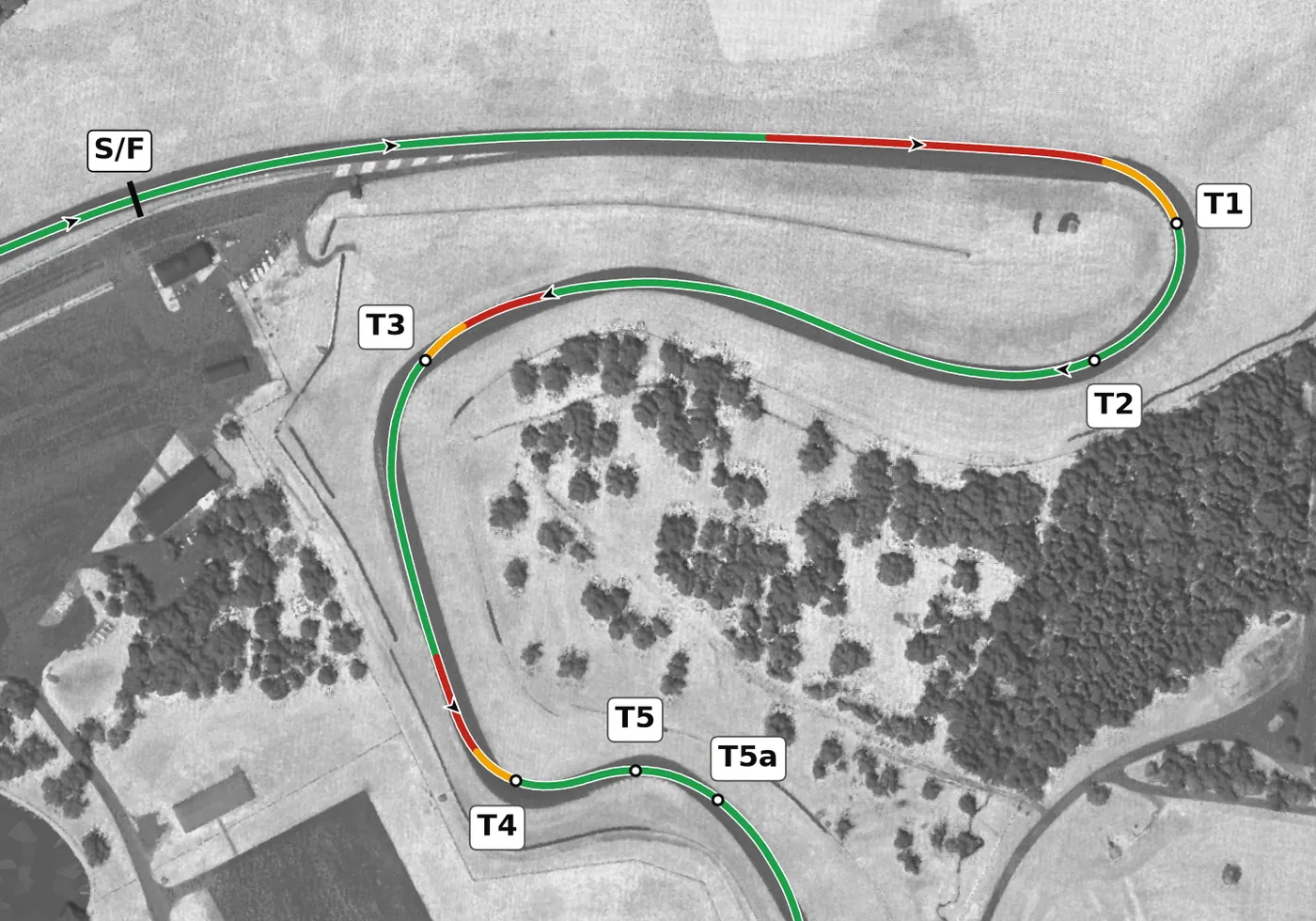 VIR North race line, Sector 1: T1 to T4