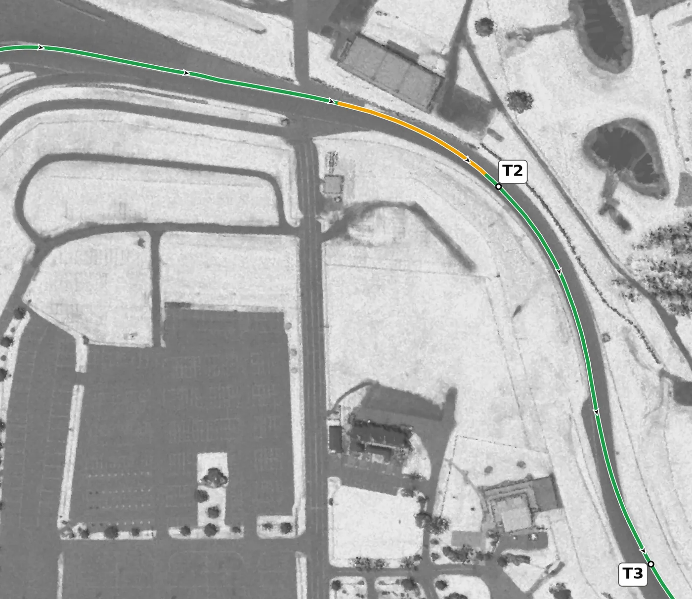 Watkins Glen T2 race line close-up: Banked +9.5% at the lowest point of the front half of the lap; from here it is uphill to the Bus Stop.