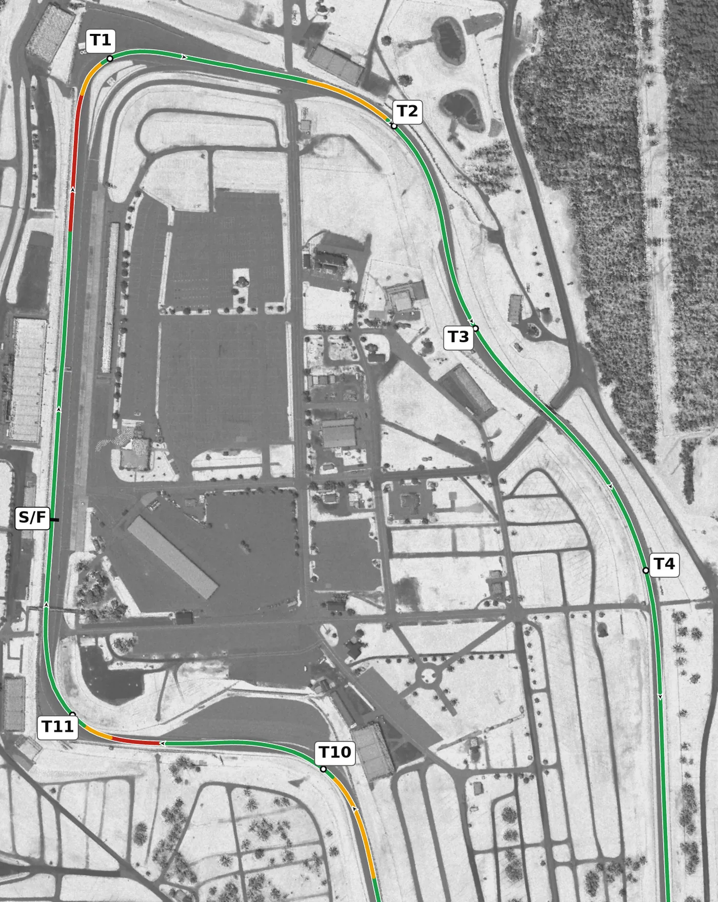 Watkins Glen race line, Sector 1: T1 to T4